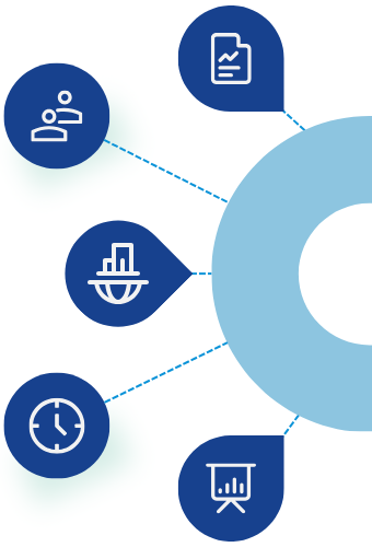 Data visualization with icons and connected nodes.